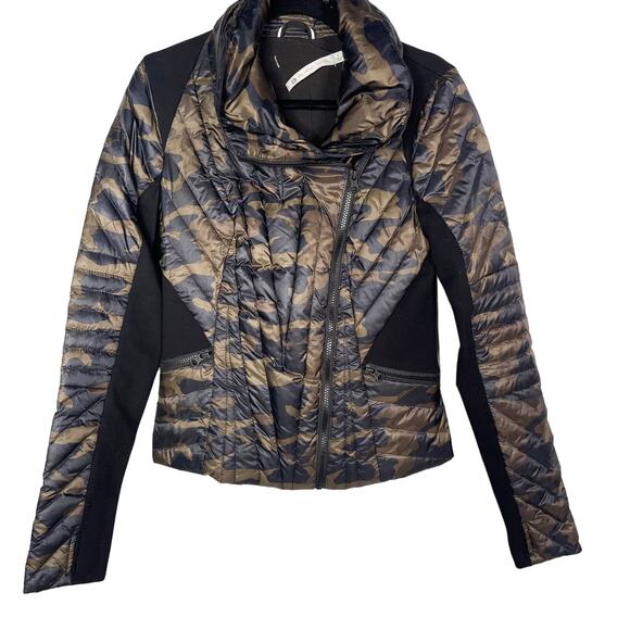Blanc Noir Womens Small S Green Black Motion Panel Puffer Camo Print Thumbholes - Picture 1 of 16